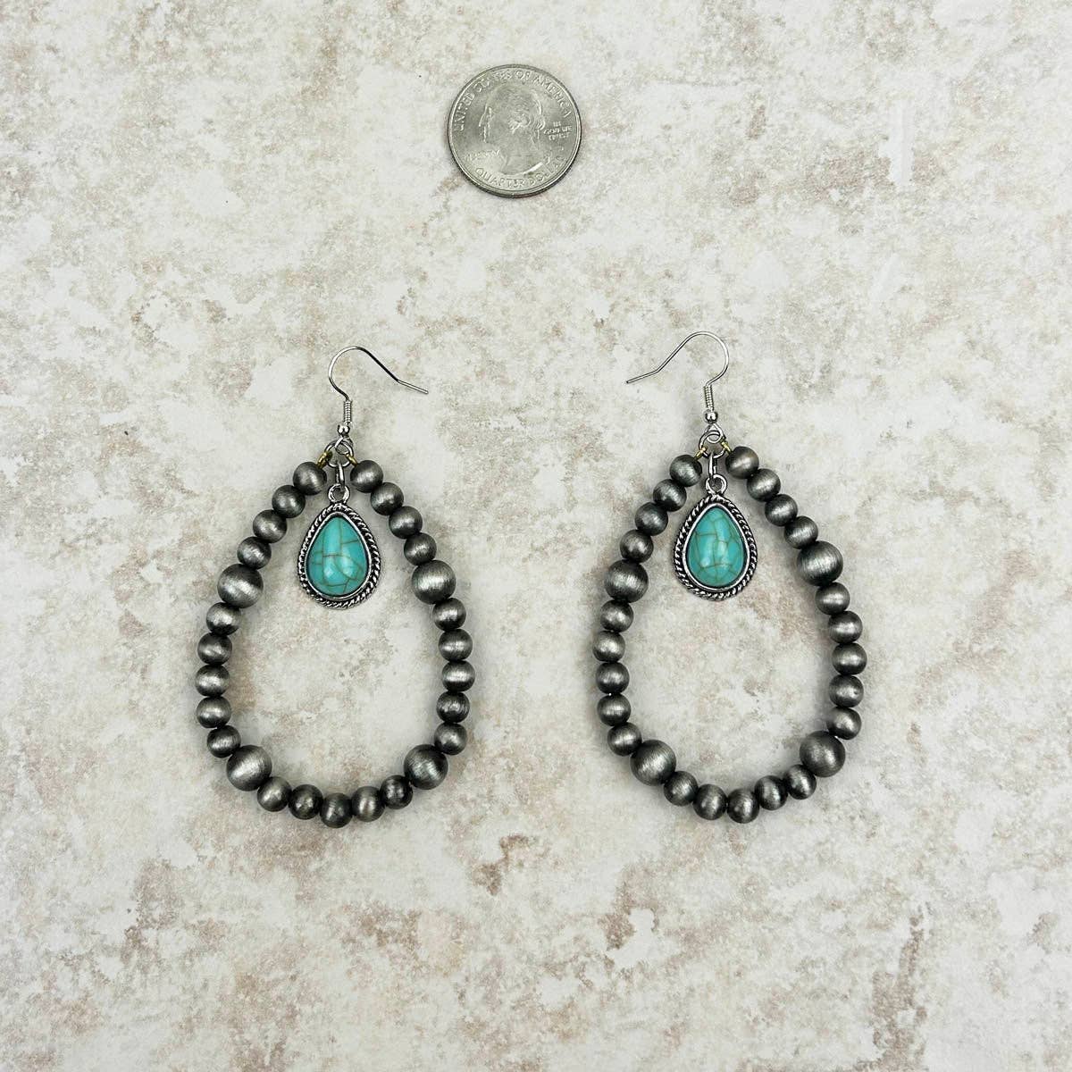 ER230424-01-BLUE Silver Navajo pearl with blue turquoise teardrop Earring