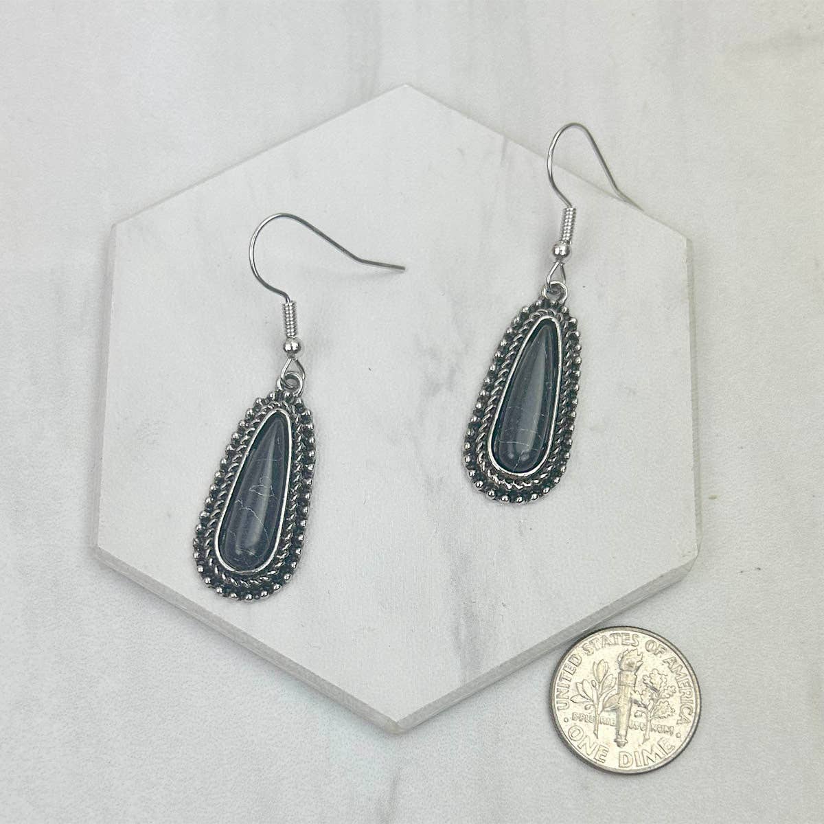 ER240530-02SILVER-GREEN Silver metal with green turquoise stone teardrop Earrings