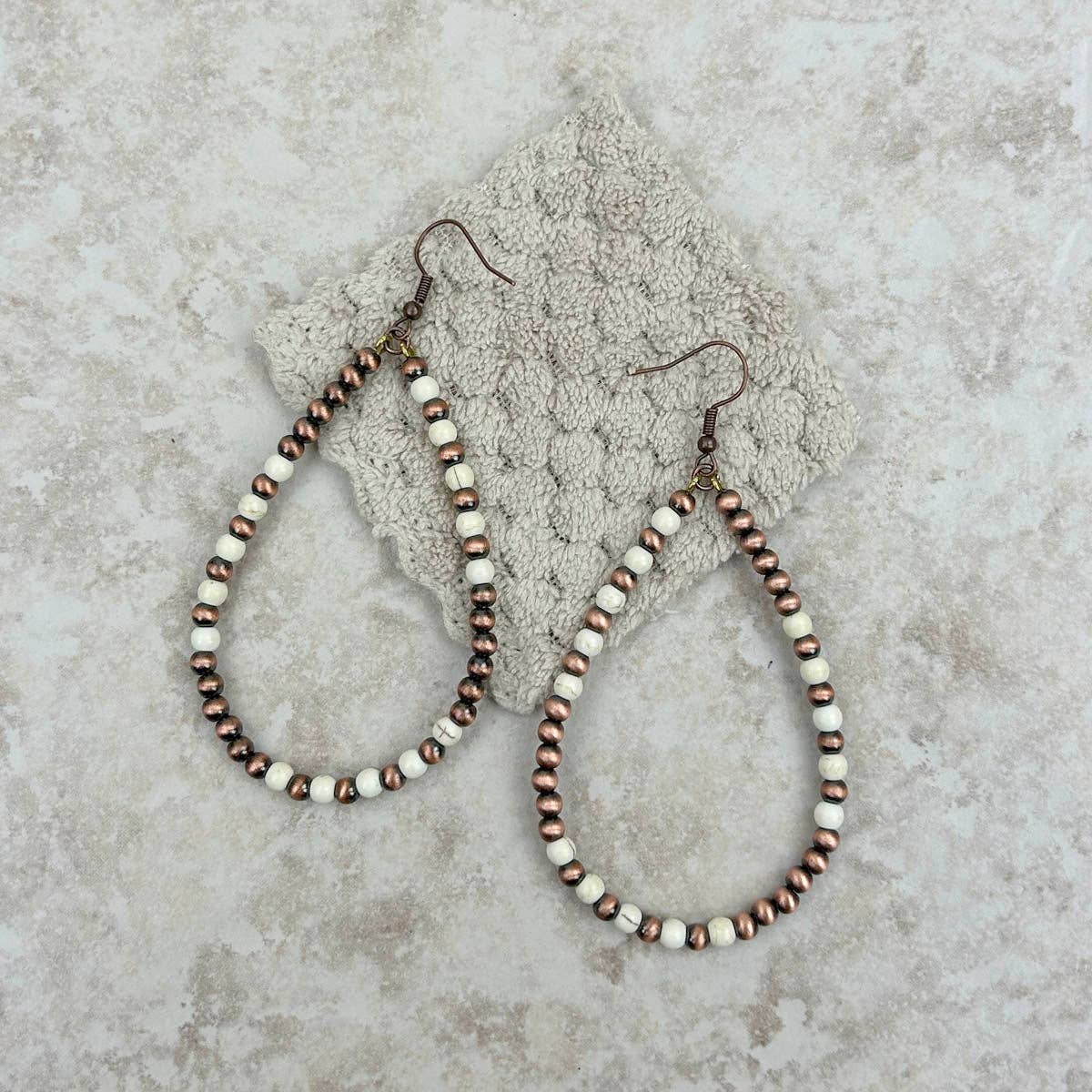 Copper Navajo Pearl w/White Beads Teardrop Hoop Earrings