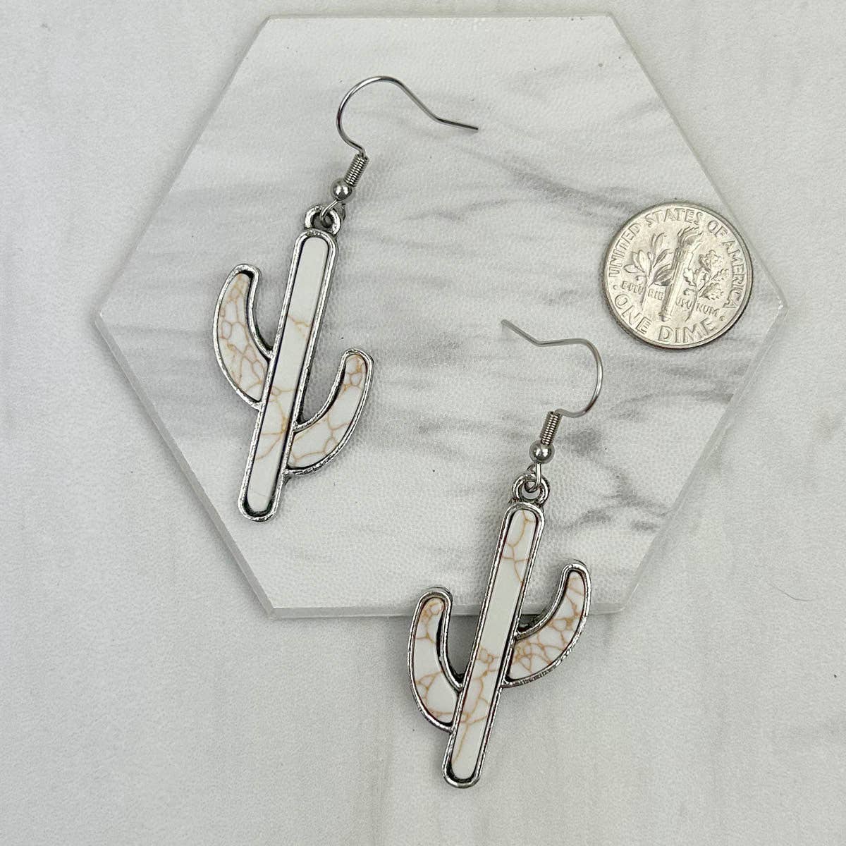 Silver Metal w/White Turquoise Stone Cactus Earrings