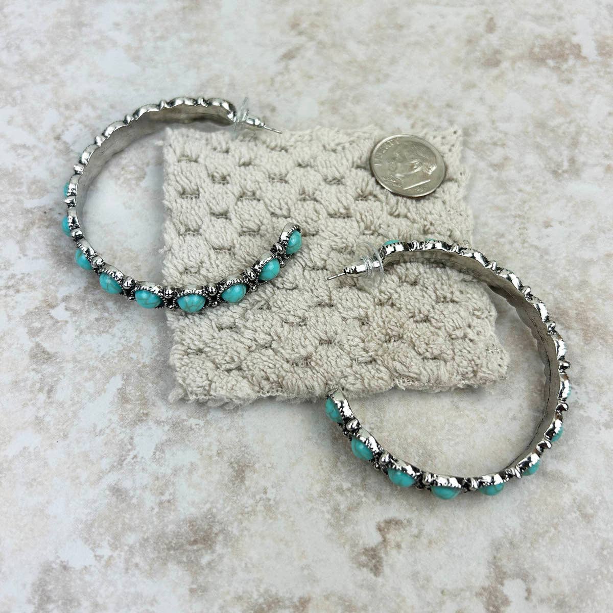 Silver Turquoise Stone Concho Hoop Earrings