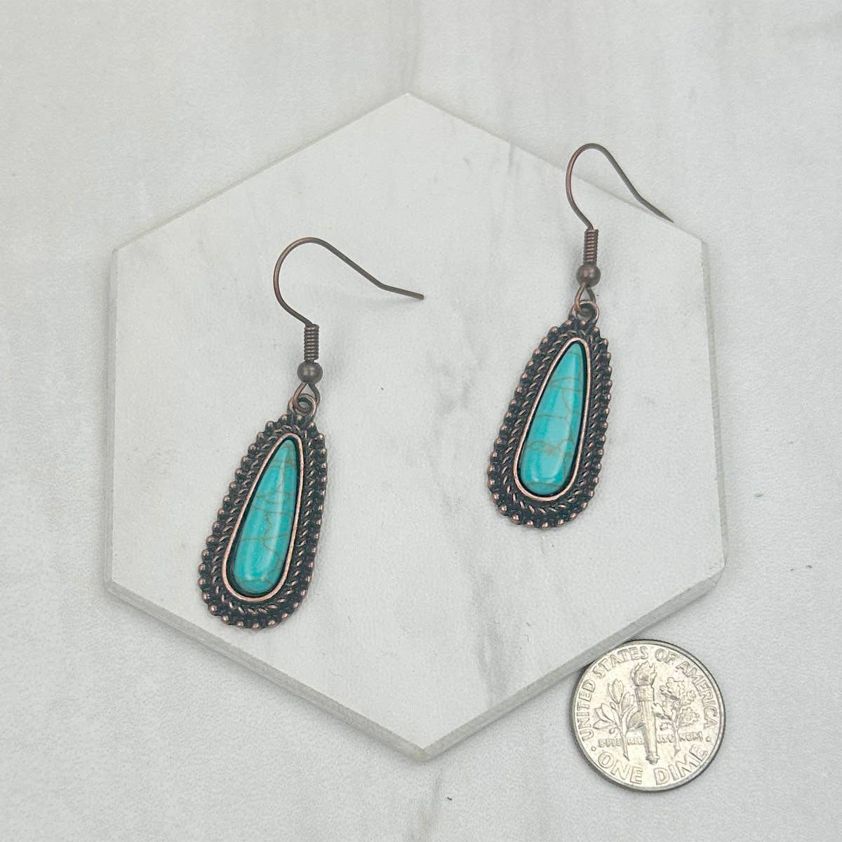Copper Metal w/Blue Turquoise Stone Teardrop Earrings