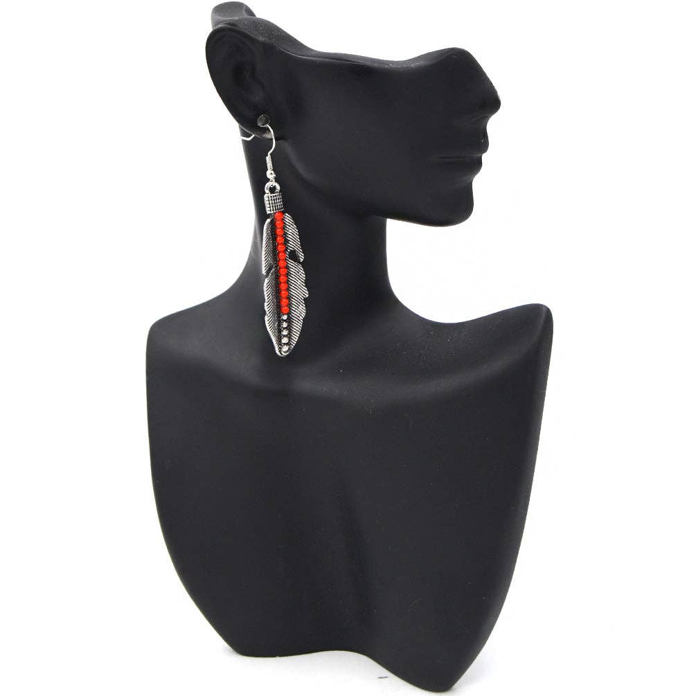 2.5" Silver Plated Feather Dangling Earring w/Red Beads