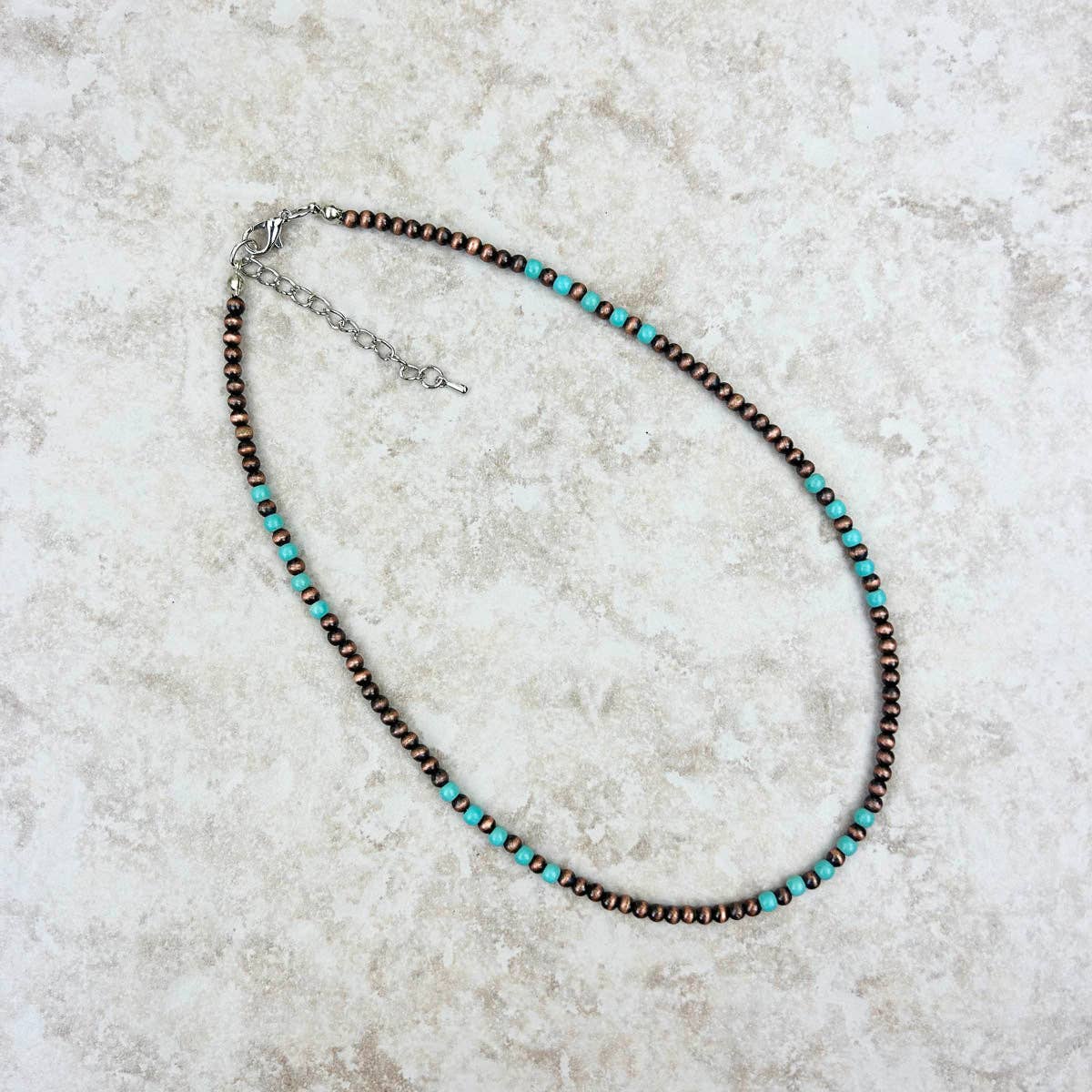 16" Blue Turquoise Stone w/Copper Navajo Pearl Bead Necklace