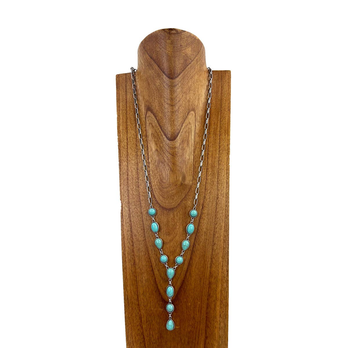 30" Silver Link Chain w/Blue Turquoise Stone "Y" Drape Necklace