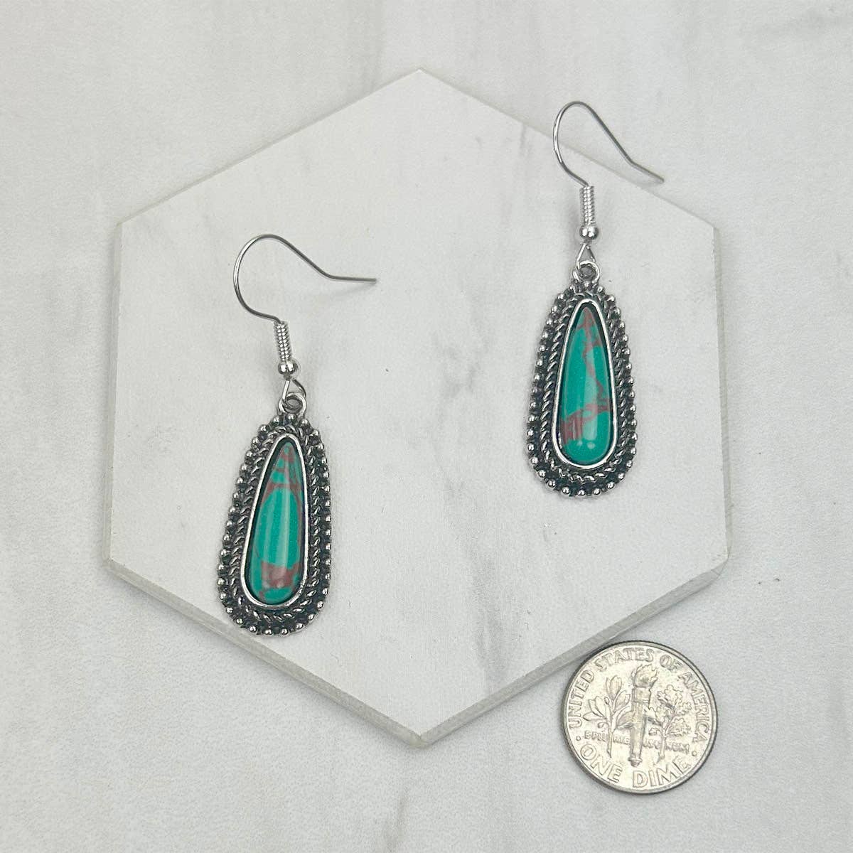 Silver Metal w/Blue Turquoise Stone Teardrop Earrings