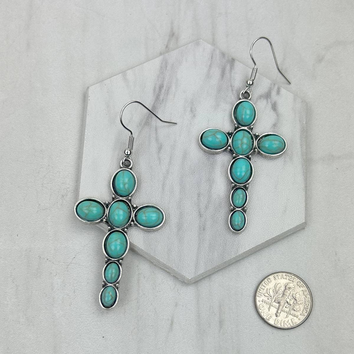 Silver w/Blue Oval Turquoise Stone Cross Earrings
