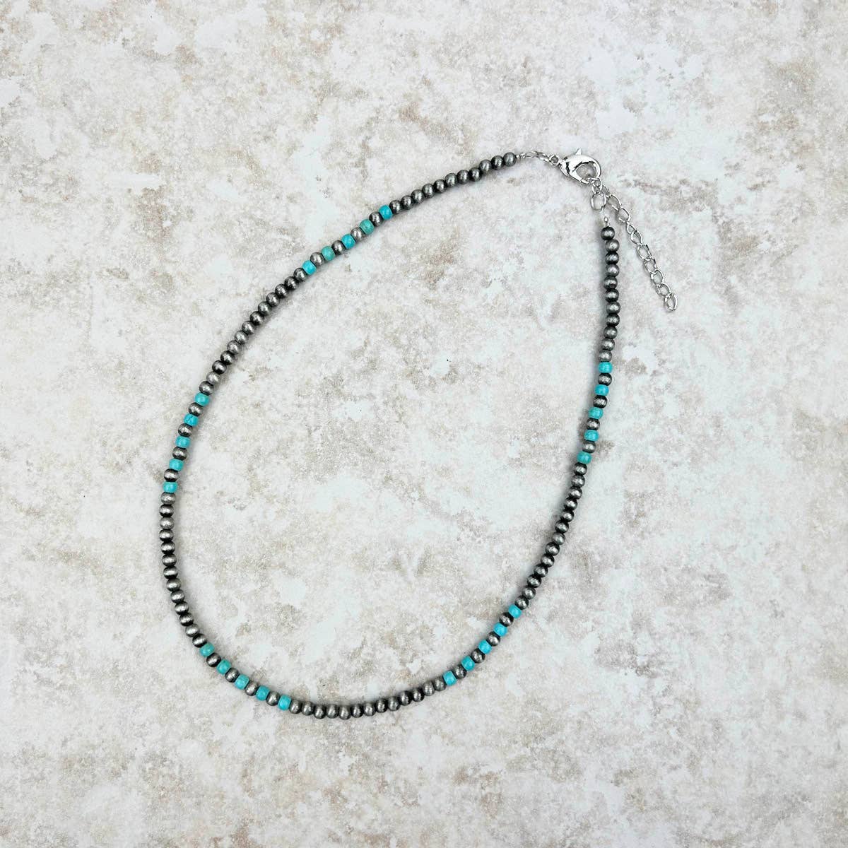 16" Blue Turquoise Stone w/Silver Navajo Pearl Bead Necklace