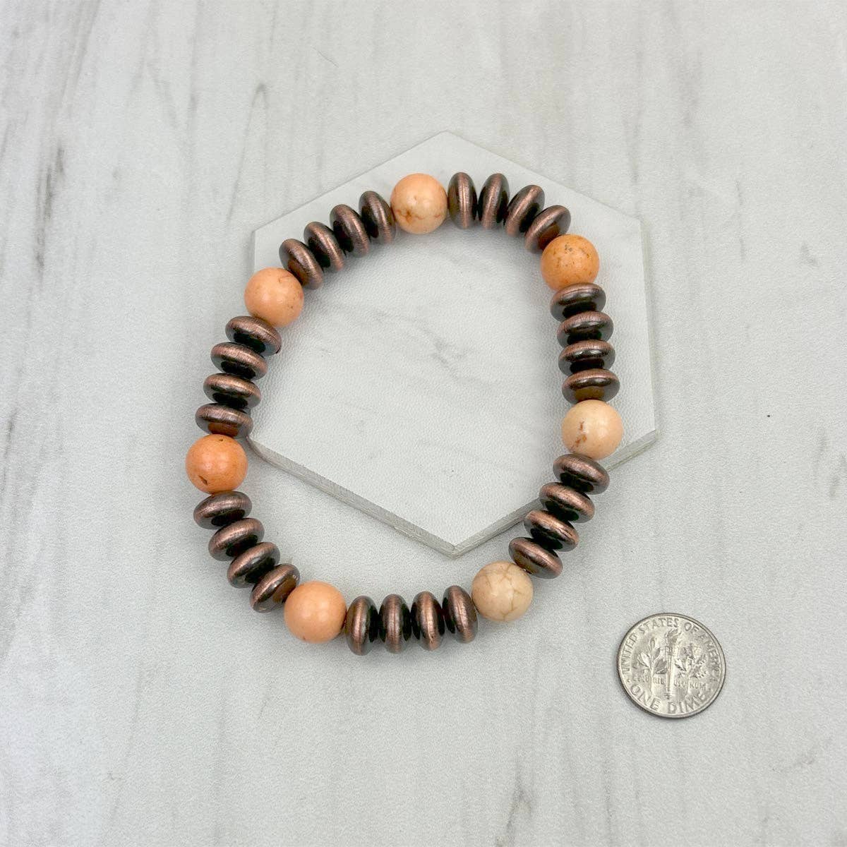 BRZ240708-58                        Blue turquoise stone and copper Navajo pearl beads bracelet