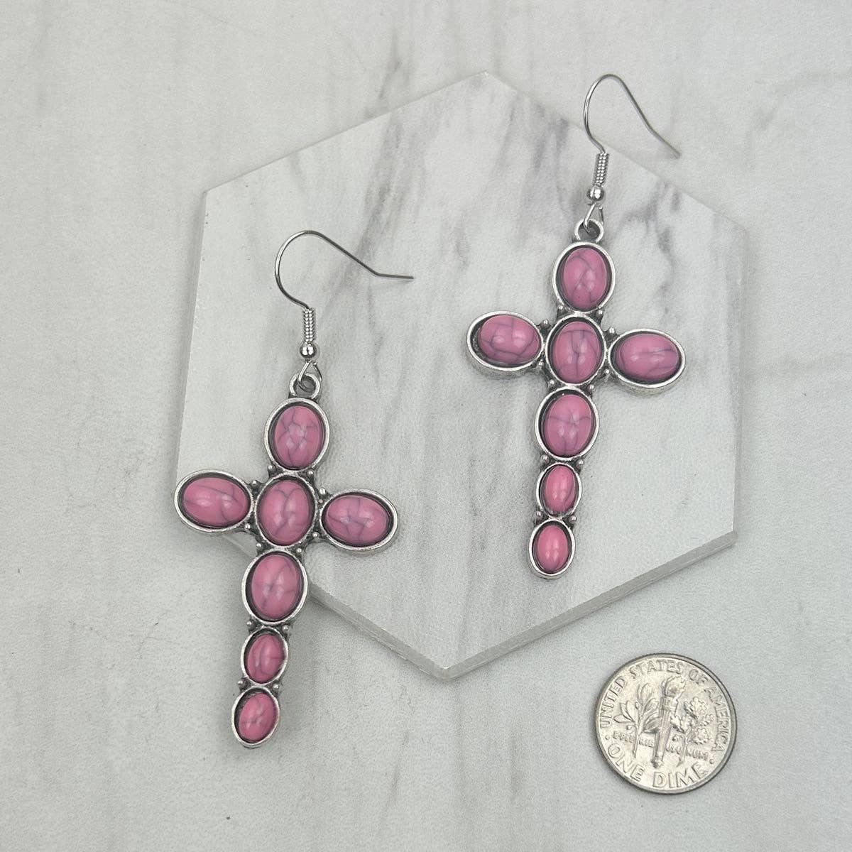 ERS030424-21                        silver with blue oval turquoise stone cross Earrings.