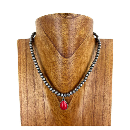 17" Navajo Pearl Necklace w/Red Tear Drop