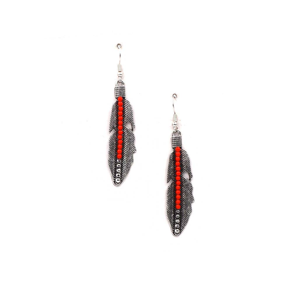 2.5" Silver Plated Feather Dangling Earring w/Red Beads