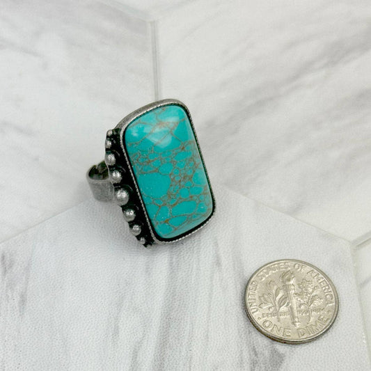 RZ231205-71                     Silver metal with blue turquoise rectangle stone adjustable Ring