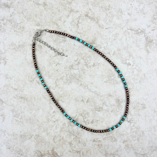 16" Blue Turquoise Stone w/Copper Navajo Pearl Bead Necklace