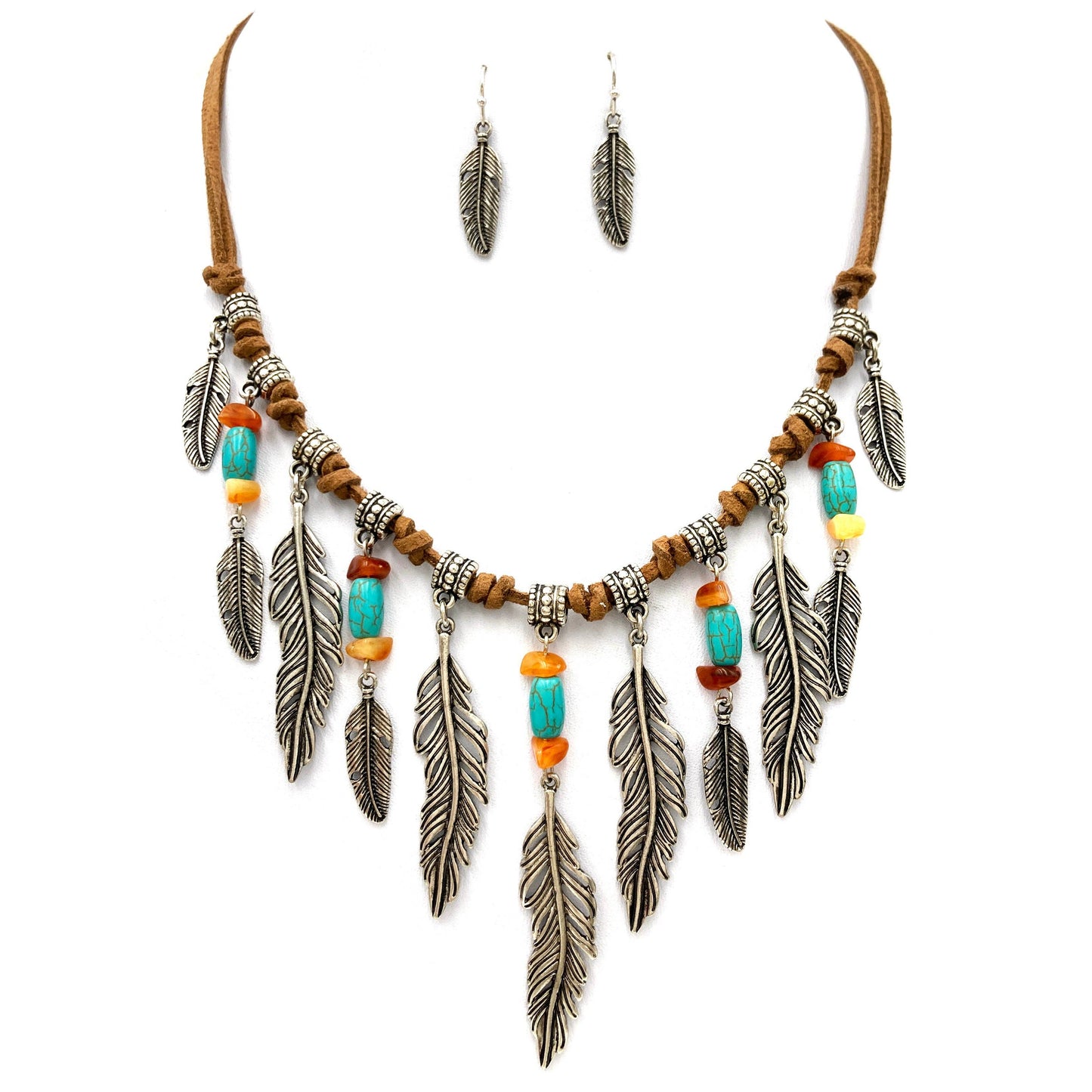 Turquoise Stone Feather Charms Western Boho Suede Necklace Earrings Set