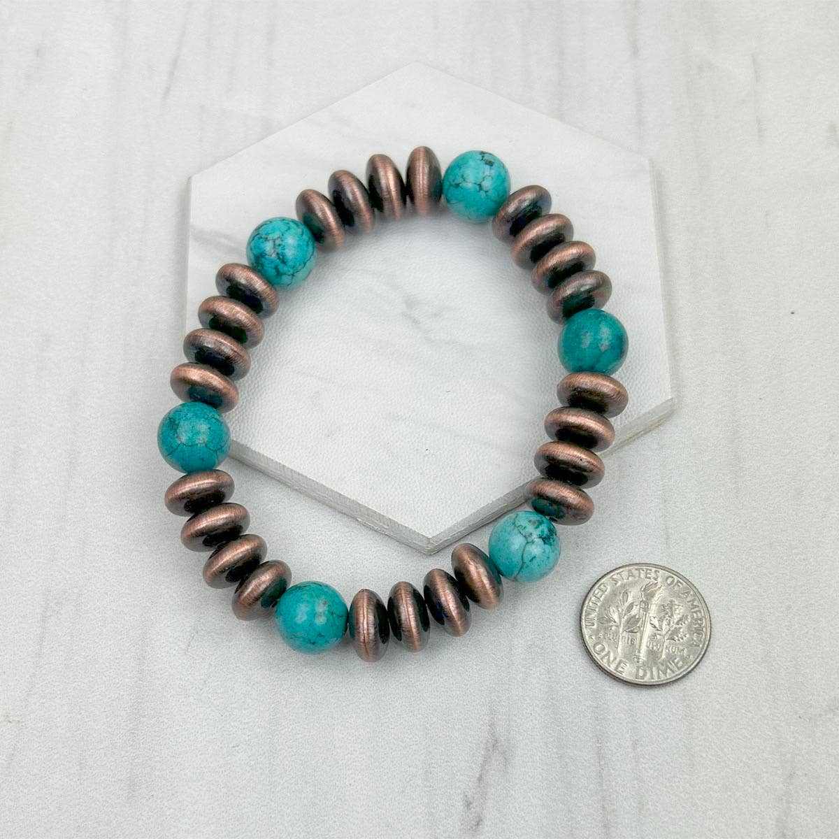 BRZ240708-58                        Blue turquoise stone and copper Navajo pearl beads bracelet