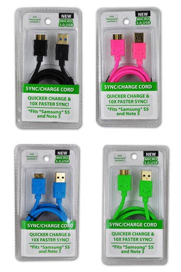 Charging Cable USB to Micro USB 3 ft Neon Assortment- 6/Pk