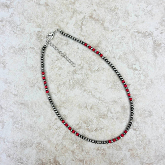 16" Red Stone w/Silver Navajo Pearl Bead Necklace