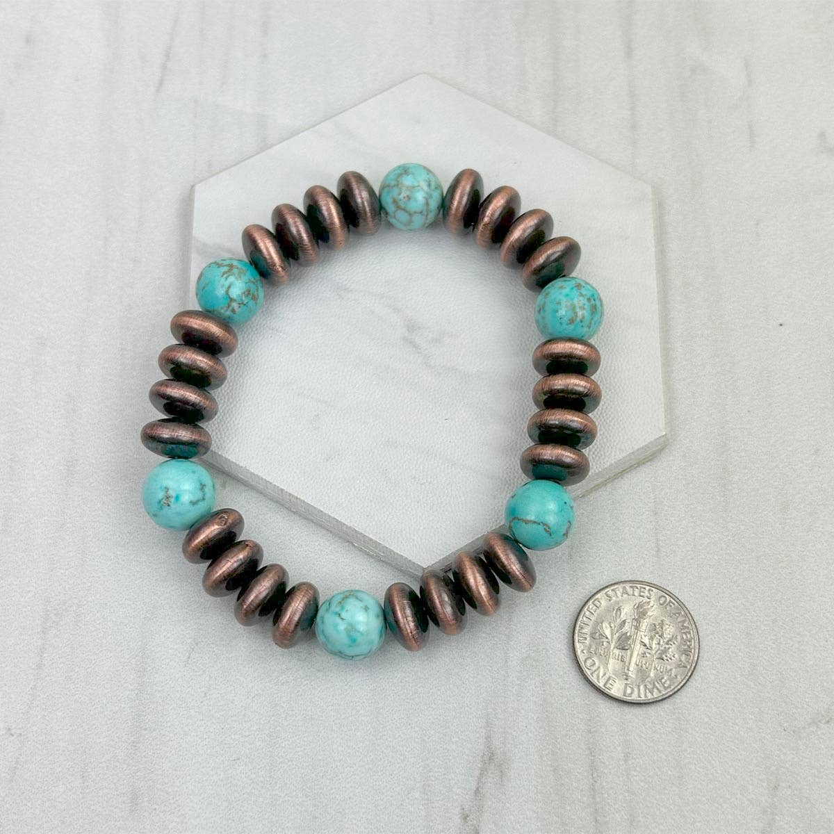 BRZ240708-58                        Blue turquoise stone and copper Navajo pearl beads bracelet