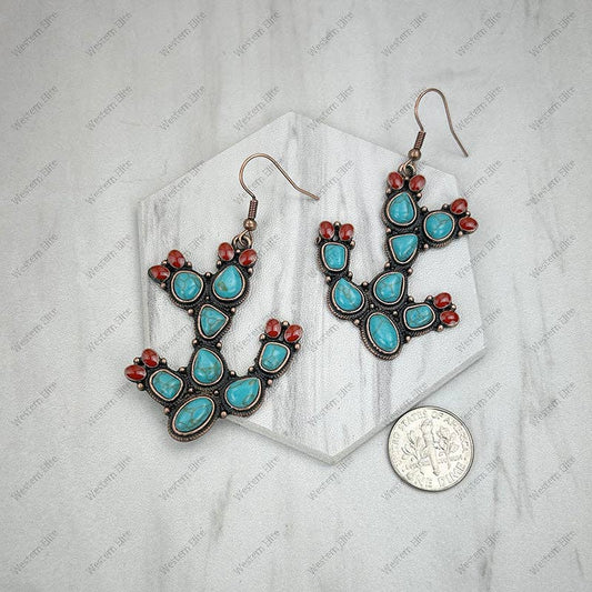 ER250930-01                Copper metal with blue turquoise stone Cactus Earrings