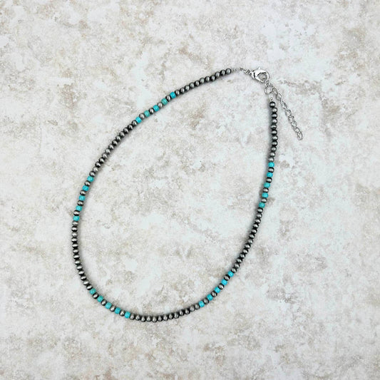 16" Blue Turquoise Stone w/Silver Navajo Pearl Bead Necklace